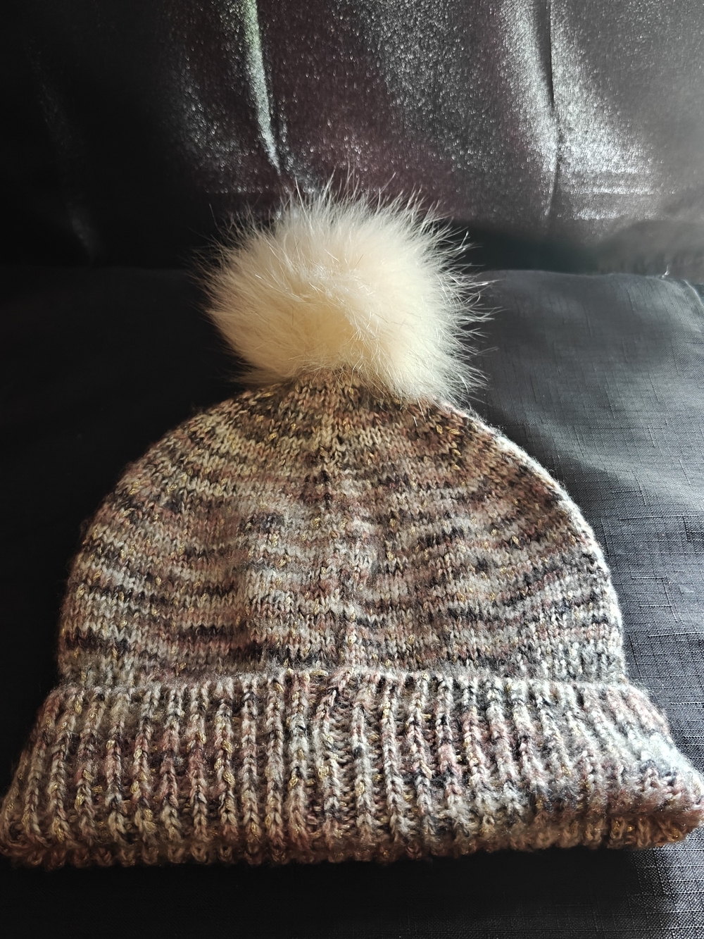 LOFT Marled Knit Beanie with Cream Faux-Fur Pom